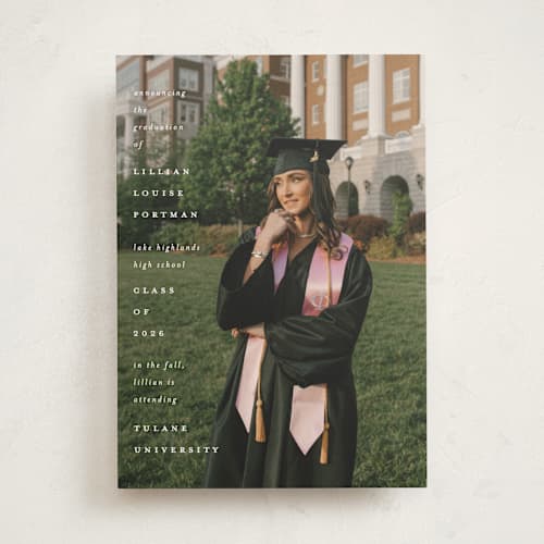 This is a snow graduation announcements with standard by Lauren Chism called along side printing on recycled smooth signature in standard