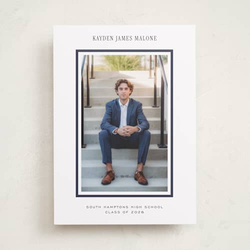 This is a navy graduation announcements with standard by Jennifer Wick called collegiate line printing on recycled smooth signature in standard