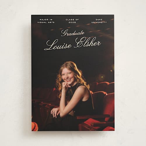 This is a champagne graduation announcements with standard by Pati Cascino called teather printing on recycled smooth signature in standard