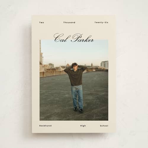 This is a sand graduation announcements with standard by Rachel Cassel called perfectly scripted printing on recycled smooth signature in standard