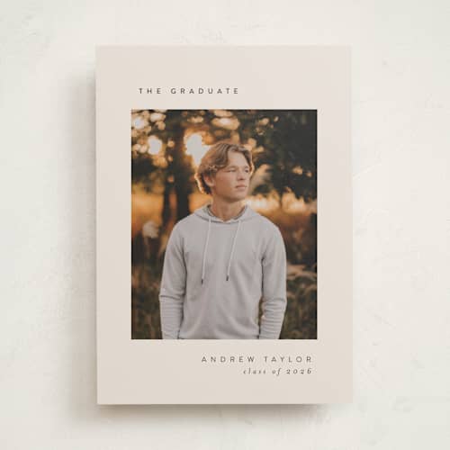 This is a sand graduation announcements with standard by Pippa Shaw called visionary printing on recycled smooth signature in standard