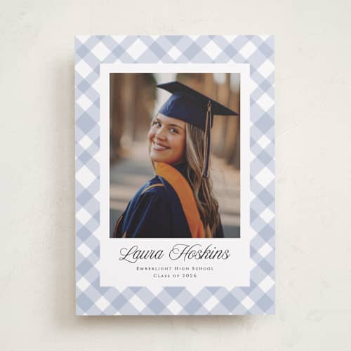 This is a powder graduation announcements with standard by Kampai Designs called gingham printing on recycled smooth signature in standard