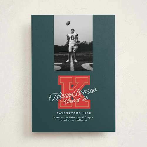 This is a forest graduation announcements with standard by Leia Matt called varsity initial printing on recycled smooth signature in standard