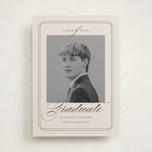 This is a taupe graduation announcements with standard by Ashley Iwafuchi called refined grad printing on recycled smooth signature in standard