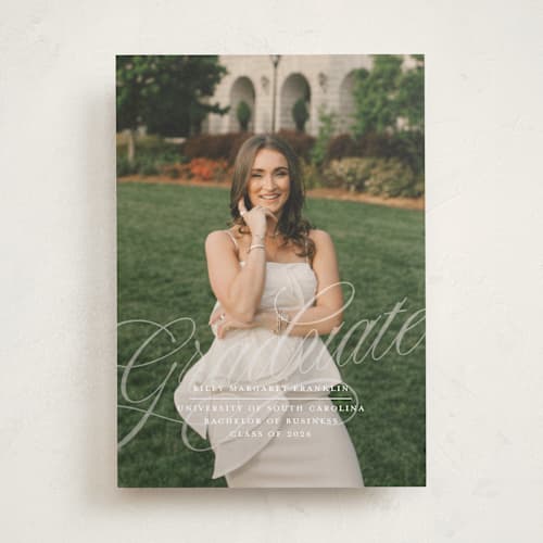 This is a pearl graduation announcements with standard by Paper Raven Co. called savannah script printing on recycled smooth signature in standard