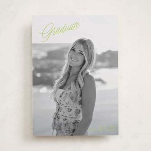This is a lime graduation announcements with standard by JoAnn Jinks called neon vintage printing on recycled smooth signature in standard