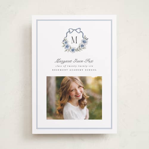 This is a cornflower graduation announcements with standard by Laura Hankins called floral crest printing on recycled smooth signature in standard