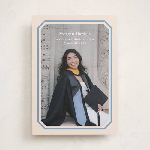 This is a robins egg graduation announcements with standard by Carolyn MacLaren called angled frame printing on recycled smooth signature in standard