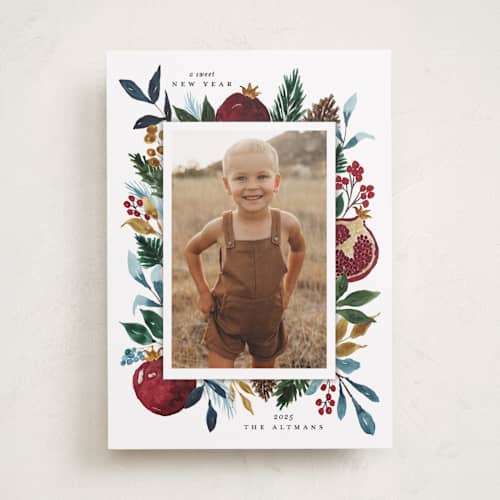 This is a evergreen rosh hashanah cards with standard by Beth Schneider called pomegranate printing on recycled smooth signature in standard