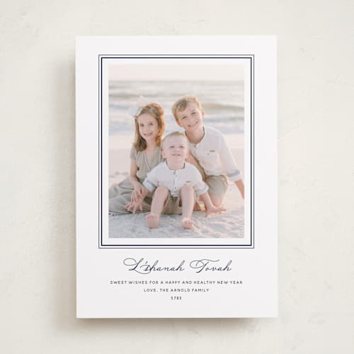 This is a navy rosh hashanah cards with standard by Annie Shapiro called lake printing on recycled smooth signature in standard