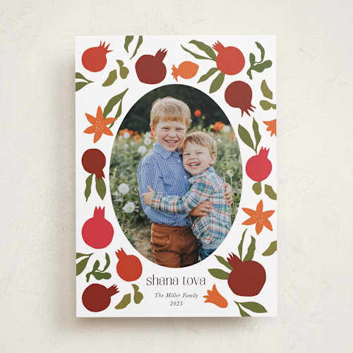 This is a pomegranate rosh hashanah cards with standard by Becky Nimoy called new year pomegranates printing on recycled smooth signature in standard