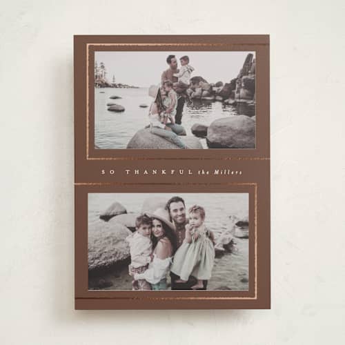 This is a chocolate thanksgiving cards invitations with foil pressed by AK Graphics called thankful frames printing on recycled smooth signature in standard
