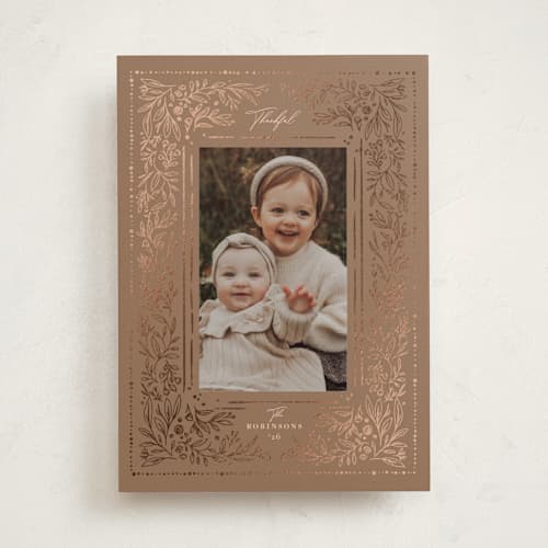 This is a mocha thanksgiving cards invitations with foil pressed by Hannah Williams called vintage dot botanical printing on recycled smooth signature in standard