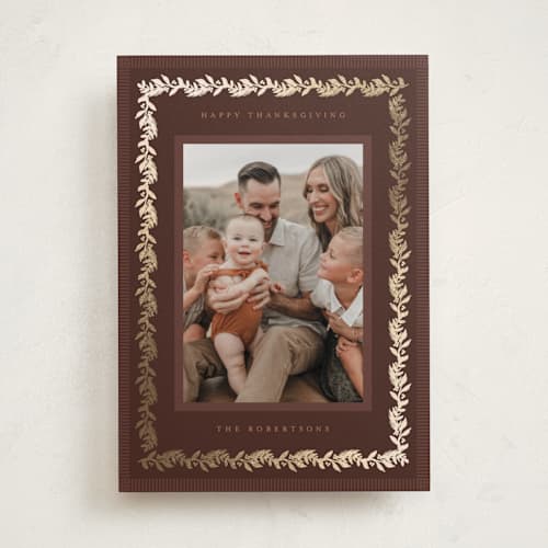 This is a pecan thanksgiving cards invitations with foil pressed by Jenna Holcomb called gilded autumn greenery printing on recycled smooth signature in standard