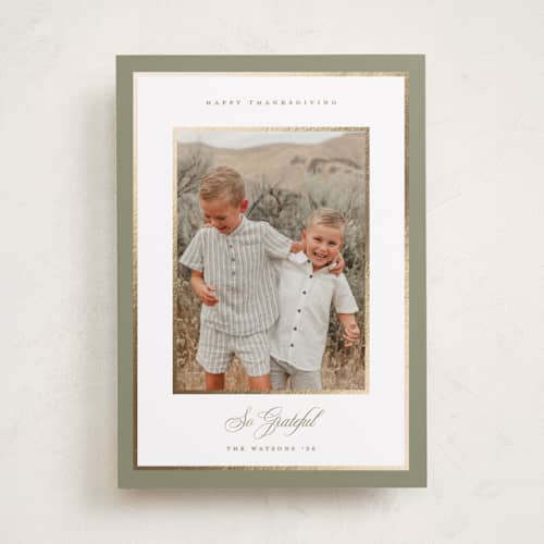 This is a eucalyptus thanksgiving cards invitations with foil pressed by Christy Hy Lee called clean frame printing on recycled smooth signature in standard