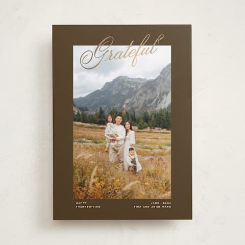 This is a toffee thanksgiving cards invitations with foil pressed by Creo Study called contemporary gratitude printing on recycled smooth signature in standard