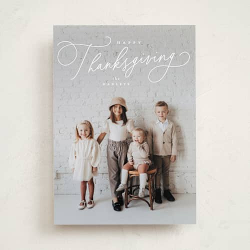 This is a snowflake thanksgiving cards invitations with standard by Everett Paper Goods called simply script printing on recycled smooth signature in standard