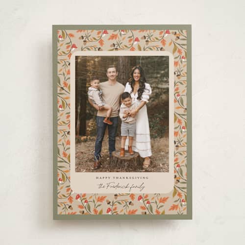 This is a moss thanksgiving cards invitations with standard by Jackie Crawford called acorn forest printing on recycled smooth signature in standard