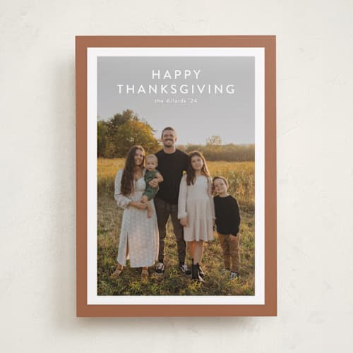 This is a teracotta thanksgiving cards invitations with standard by Stacey Meacham called bold frame printing on recycled smooth signature in standard