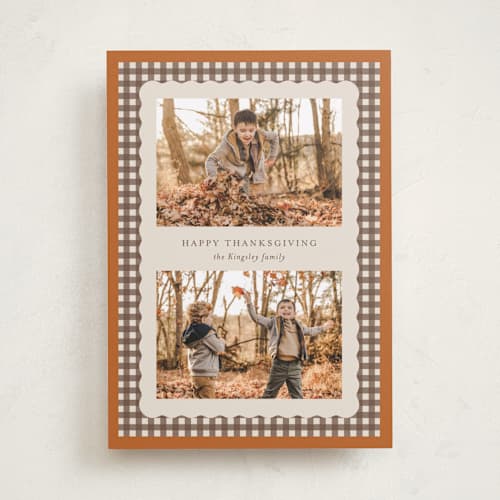 This is a cinnamon thanksgiving cards invitations with standard by Heather Schertzer called gingham printing on recycled smooth signature in standard