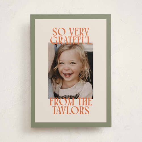 This is a sage thanksgiving cards invitations with standard by Ekko Studio called cheerful stack printing on recycled smooth signature in standard