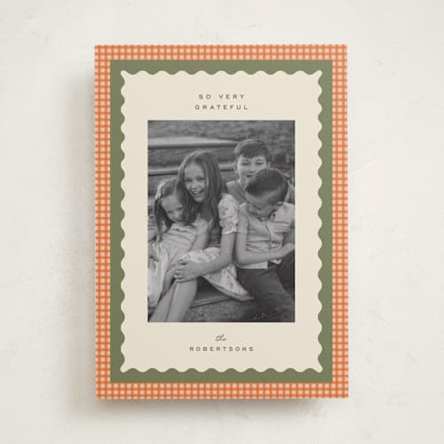 This is a olive thanksgiving cards invitations with standard by Ellen Schlegelmilch called gingham layers printing on recycled smooth signature in standard