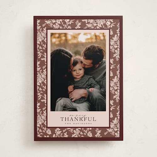 This is a cocoa thanksgiving cards invitations with standard by Jenna Holcomb called merry floral toile printing on recycled smooth signature in standard