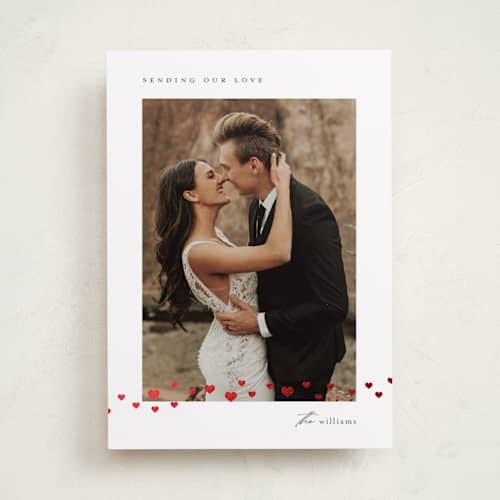 This is a cotton foil stamped valentine cards with foil pressed by Stacey Meacham called sprinkled hearts printing on recycled smooth signature in standard