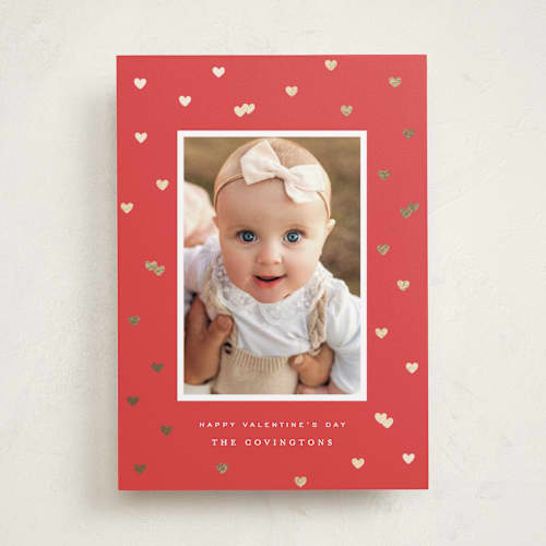 This is a red rose foil stamped valentine cards with foil pressed by Hooray Creative called repeating hearts printing on recycled smooth signature in standard