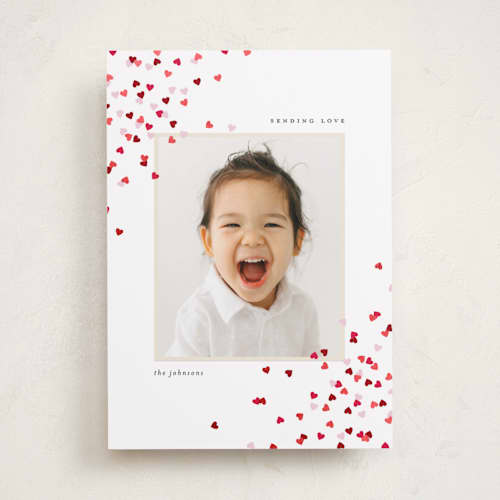 This is a cotton foil stamped valentine cards with foil pressed by Ellen Schlegelmilch called scattered heart confetti printing on recycled smooth signature in standard