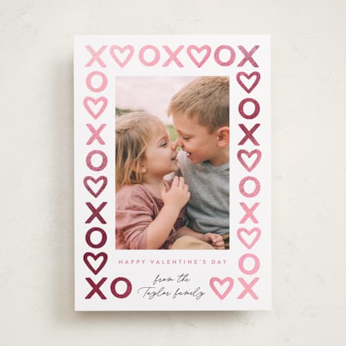 This is a snow foil stamped valentine cards with foil pressed by Alethea and Ruth called xo hearts printing on recycled smooth signature in standard