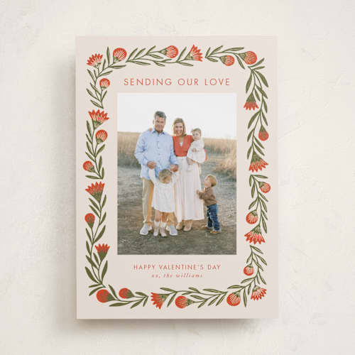 This is a apricot foil stamped valentine cards with foil pressed by Jen Owens called vday wrap printing on recycled smooth signature in standard