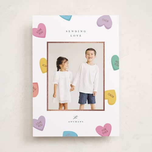 This is a pastel foil stamped valentine cards with foil pressed by Ellen Schlegelmilch called candy hearts printing on recycled smooth signature in standard
