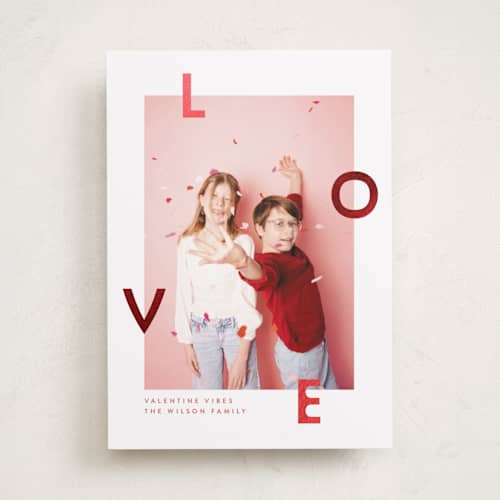 This is a cherry foil stamped valentine cards with foil pressed by Megan Cash called valentine vibes printing on recycled smooth signature in standard