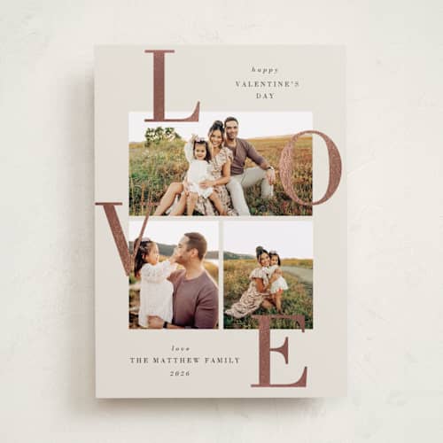 This is a latte foil stamped valentine cards with foil pressed by Oma N. Ramkhelawan called scattered love printing on recycled smooth signature in standard