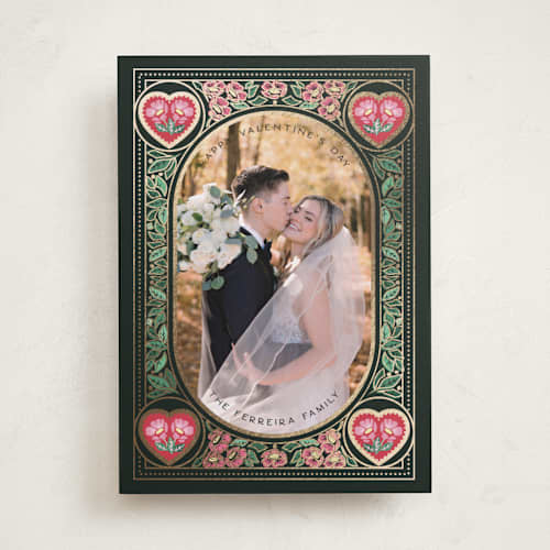 This is a rainforest foil stamped valentine cards with foil pressed by Ana de Sousa called frame of love printing on recycled smooth signature in standard