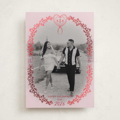 This is a blush foil stamped valentine cards with foil pressed by The Savage Label called framed with hearts printing on recycled smooth signature in standard