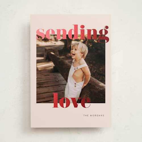 This is a peach foil stamped valentine cards with foil pressed by Angela Thompson called joyful & bright printing on recycled smooth signature in standard