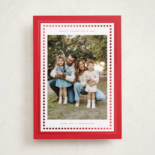 This is a cherry foil stamped valentine cards with foil pressed by Emily Sabol Goss called framed in hearts printing on recycled smooth signature in standard