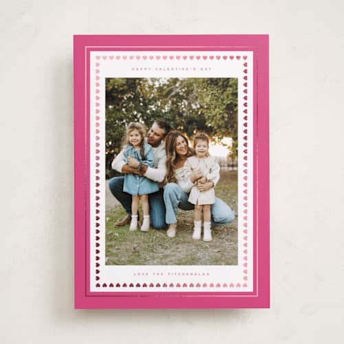 This is a flamingo foil stamped valentine cards with foil pressed by Emily Sabol Goss called framed in hearts printing on recycled smooth signature in standard
