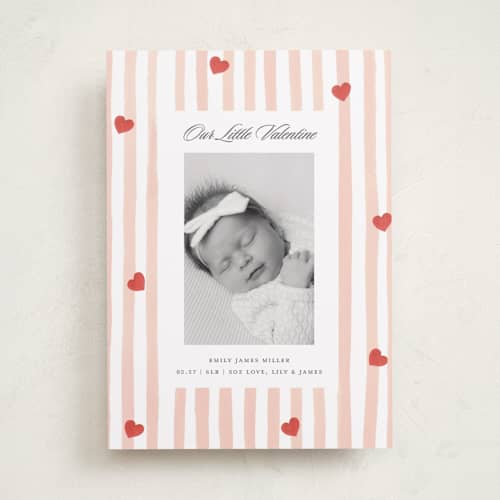 This is a blush valentines day with standard by Teju Reval called stripes and hearts printing on recycled smooth signature in standard