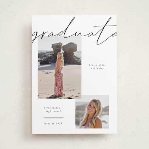 This is a chalkboard graduation announcements with standard by Kelly Watkins called simple + script printing on recycled smooth signature in standard