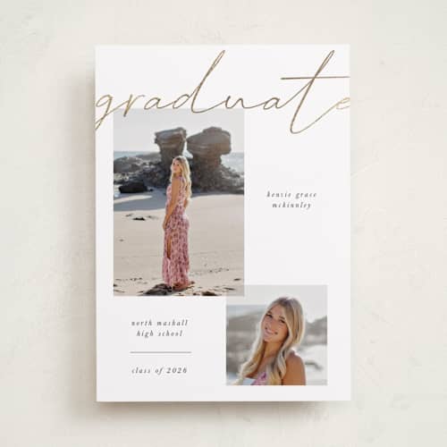 This is a chalkboard graduation announcements with foil pressed by Kelly Watkins called simple + script printing on recycled smooth signature in standard
