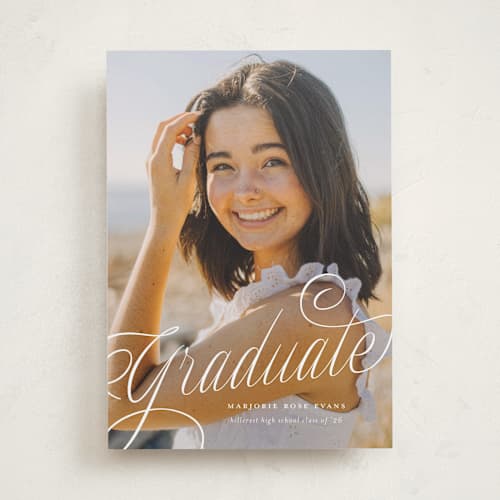 This is a cotton graduation announcements with standard by Carmia Jordaan called swooping printing on recycled smooth signature in standard