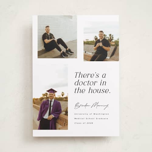 This is a domino graduation announcements with standard by Corinne Malesic called doctor in the house printing on recycled smooth signature in standard
