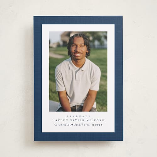 This is a jeans graduation announcements with standard by Lea Delaveris called linen frame printing on recycled smooth signature in standard