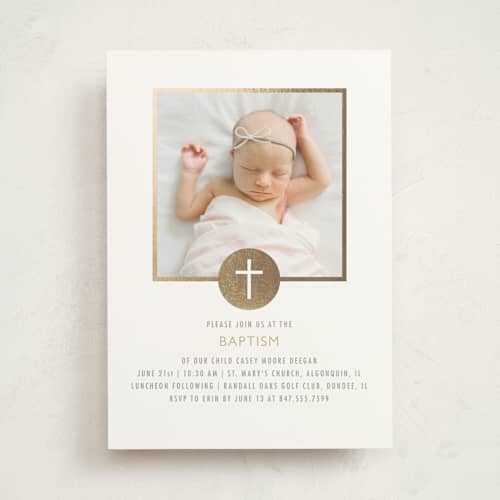 This is a champagne baptism and christening announcements with foil pressed by Erin Deegan called golden cross printing on signature in standard