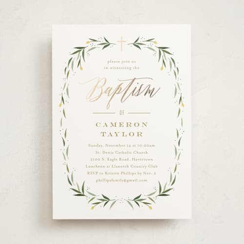 This is a canary baptism and christening announcements with foil pressed by Carolyn MacLaren called eucalyptus wreath printing on signature in standard