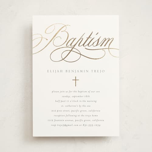 This is a silk baptism and christening announcements with foil pressed by Erin Deegan called formally contemporary printing on signature in standard