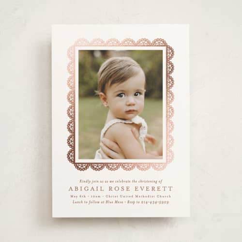 This is a purity baptism and christening announcements with foil pressed by Susan Asbill called gilded lace printing on signature in standard